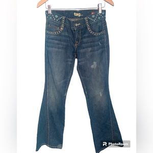 Tag+Jeans VTG Y2K Flare Flap Back Pockets Turquoise Studded Size 27